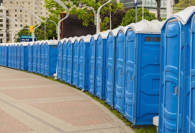 a line of spacious and well-maintained portable restrooms in Blachly OR